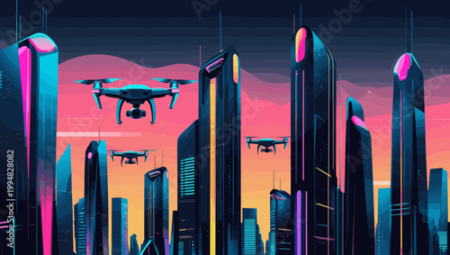 Futuristic city skyline at sunset with drones flying above