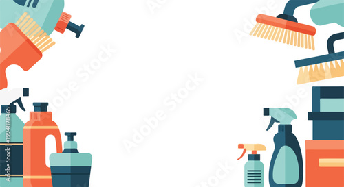 A flat vector illustration depicts a variety of cleaning supplies like bottles and brushes framing a central white space for text.