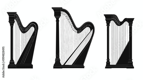 Three stylized silhouettes of harps. Each shows elegant contours, strings, and the curved soundboard