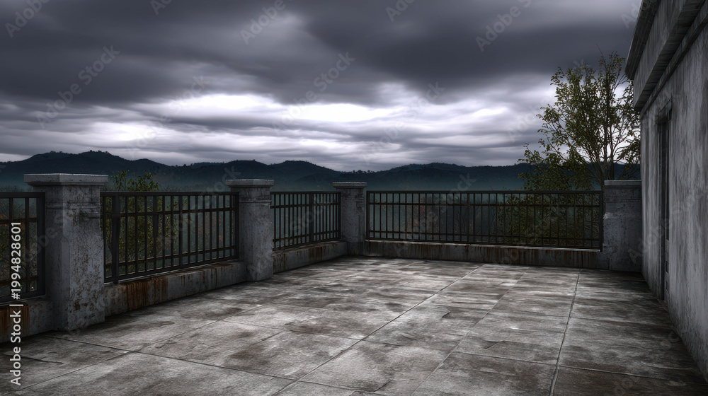Fototapeta premium A view of a balcony on a gloomy day, with a view of the mountains and dark clouds