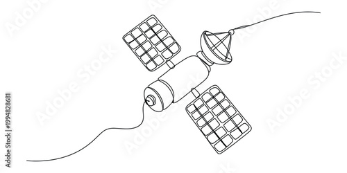 A continuous line drawing of a satellite orbiting in space with solar panels and a radio antenna