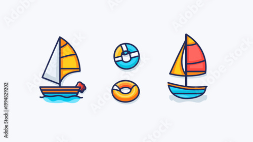 Colorful vector illustration of a sailboat and life preservers for beach and summer themes