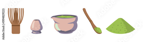Japanese Matcha Tea Ceremony Tools Set Illustration Isolated on White Background. Bamboo Whisk, Ceramic Kusenaoshi and Chawan, Tea Spoon and Green Matcha  Powder. 