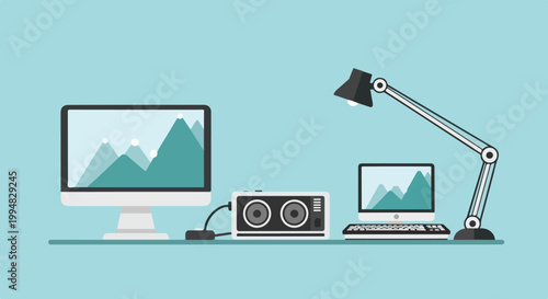 This flat vector illustration features a workspace with a computer monitor, laptop, speaker, and an adjustable desk lamp on a blue background.