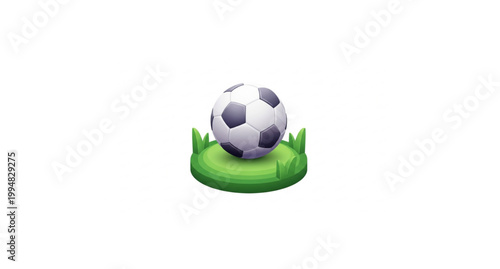 Modern 3D soccer ball on grass patch stylized football vector illustration isolated on white background