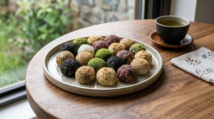 Abundant assortment of Gyeondan rice cakes with various toppings on a ceramic plate, styled with green tea on a wooden table by a garden window.