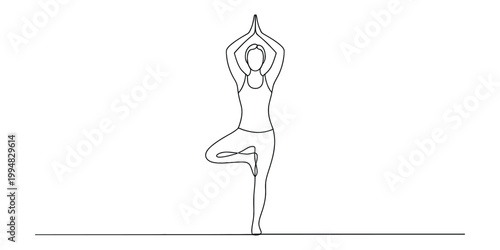 A minimalist continuous line drawing of a woman performing the tree pose in a yoga practice session