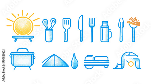 Collection of stylized icons, including food-related items, tools, a water drop, and camping gear