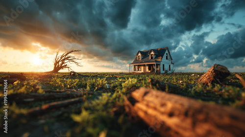House Standing in Storm Damaged Rural Landscape with Fallen Trees and Dramatic Sunset Background Disaster Recovery Concept