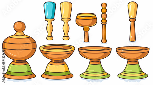 Collection of stylized wooden and ceramic tools, bowls, and a covered jar on white