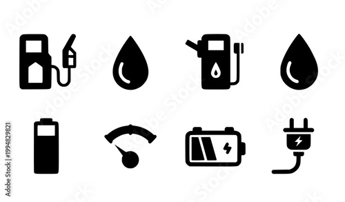 Glyph fuel and energy icons gasoline pump oil battery charging symbols solid vector set for app UI