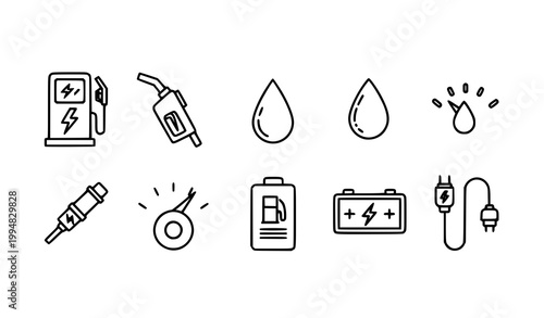 Outline fuel icon set gas pump oil drop battery charging gauge symbols minimal line vector for UI