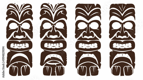 Row of four carved tiki designs in brown on a white background, vector graphic