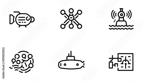 Ocean Technology Icons: A series of sleek, modern icons depicts various facets of underwater technology, offering a glimpse into the depths and innovations.