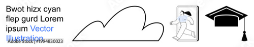 Education, achievement, career goals, online learning, academic success, digital opportunities. Cloud shape, figure exiting door and graduation cap icon. Education and achievement symbol