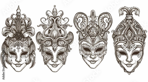 Four ornately detailed, monochrome Venetian masks isolated on a white background