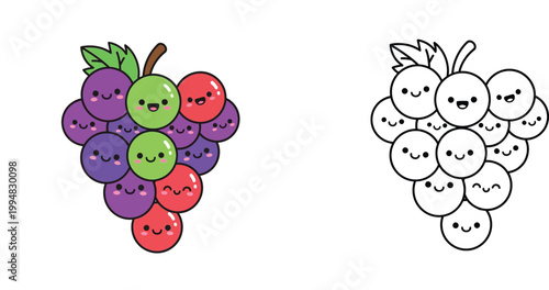 Kawaii grapes bunch with happy faces coloring page set, colored and black and white outline versions, cute fruit mascot vector illustration for kids education and activities.