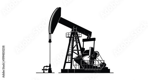 A stark black silhouette depicts a classic oil pump rig against a plain white backdrop symbolizing energy extraction
