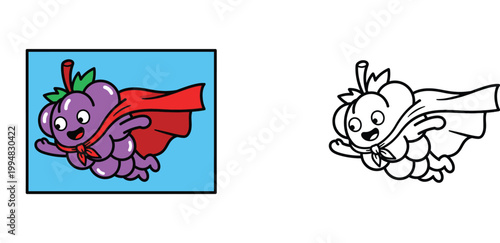Superhero grape flying in a red cape illustration, colored and black and white outline version for kids coloring book, kawaii fruit character vector design for educational activities.