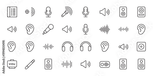 Tableau sur toile Audio Equipment and Sound Wave Line Icon Set for Digital Media
