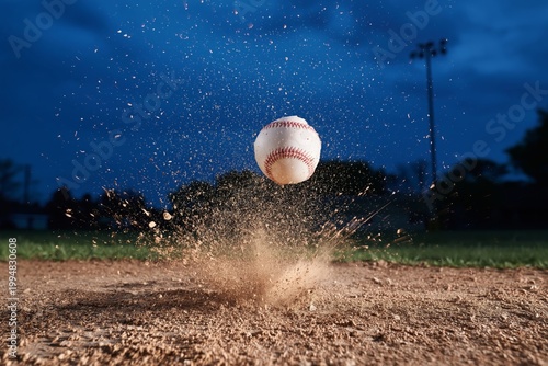 Baseball Hits the Ground During Practice at a Sports Field in the Evening Light