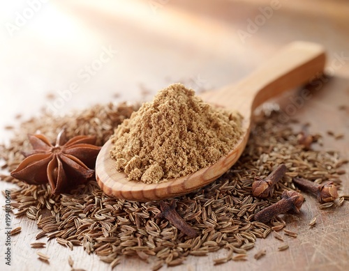 Close-up of aromatic spices on a wooden spoon, perfect for culinary use.