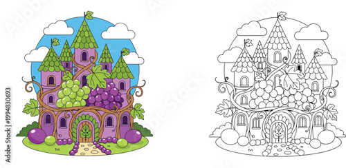 Fantasy grape castle illustration with colored and outline versions, magical fruit palace with vine leaves and bunches of grapes for kids coloring book, whimsical fairy tale vector design.