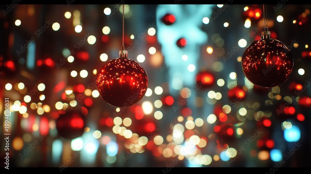 Fototapeta premium A single red Christmas ornament hangs in focus amidst blurred festive lights and cheerful decorations, creating a magical holiday atmosphere.