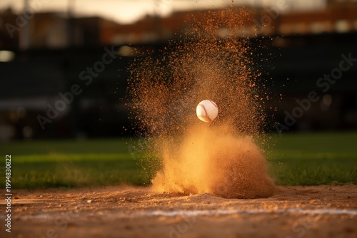 Baseball Hitting the Ground and Kicking up Dust on the Field During an Evenin...