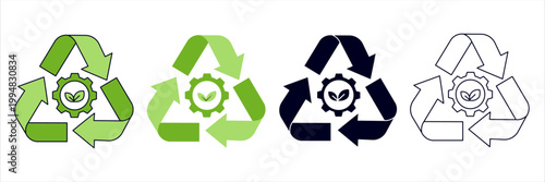Green Circular Economy Recycle Symbol with Industrial Gear and Organic Leaf Concept