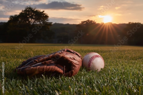 Baseball Glove and Ball Resting on Grass During Sunset in an Open Field