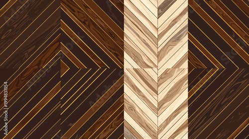 Geometric wooden parquet pattern with herringbone and parallel plank arrangements