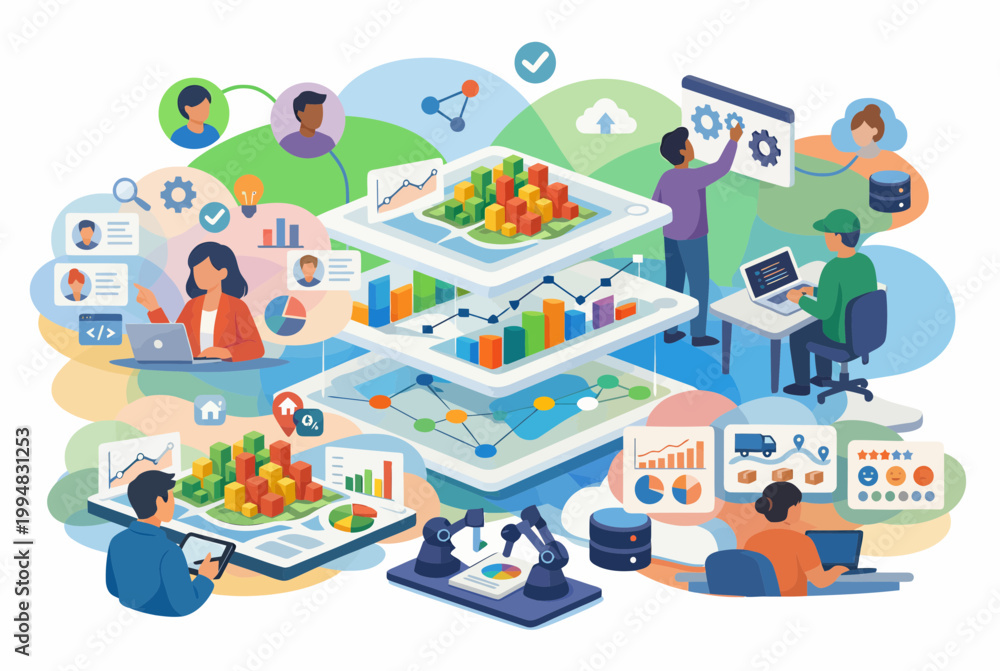 Fototapeta premium Digital Information Economy and Data Analytics Hub Illustration