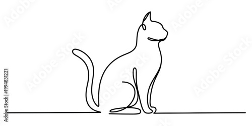 Minimalist continuous line drawing of a sitting cat with a sleek silhouette and upright posture
