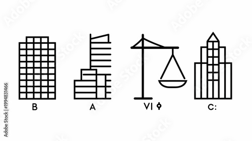 Four different minimal line drawings of buildings and a scale