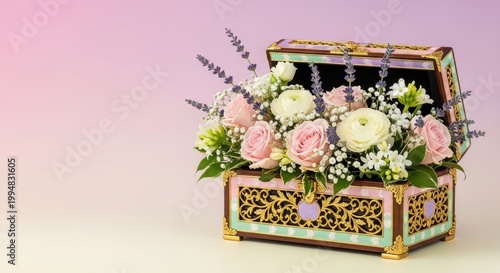 Ornate treasure chest overflowing with delicate pastel roses and lavender flowers with soft gradient background