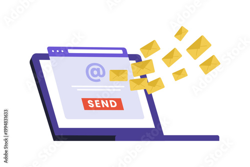 Illustration of Bulk Email Marketing and Mass Message Delivery. Multiple email envelopes flying out of a laptop screen, representing mass mailing, newsletters, and bulk marketing campaigns