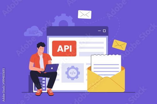 Email API Integration and Developer Workflow. A developer working with an API interface to automate email services, representing software integration and backend technology