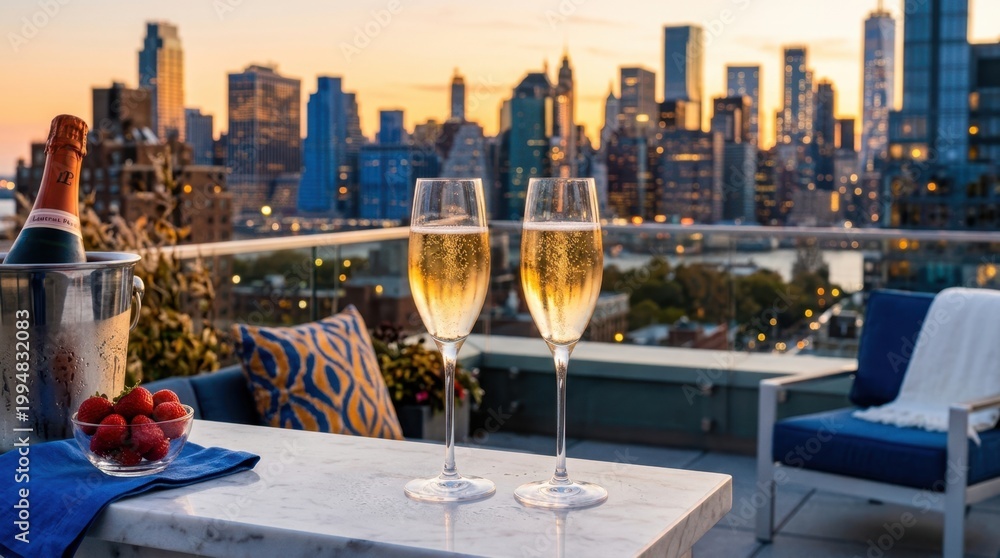 Naklejka premium Champagne toast on a rooftop terrace overlooking a city skyline at sunset
