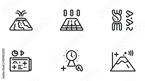 Volcano Icons for Science and Information: A set of stylized volcano icons representing different aspects of volcanic activity and related data.