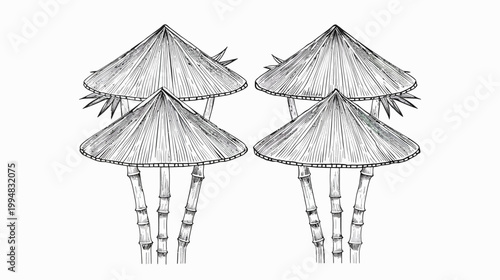 Four conical bamboo structures, two mirrored pairs, rendered in a monochrome sketch style