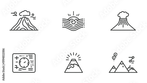 Geological Icons Set: A collection of meticulously crafted line icons representing diverse aspects of geology. Perfect for scientific or educational projects.
