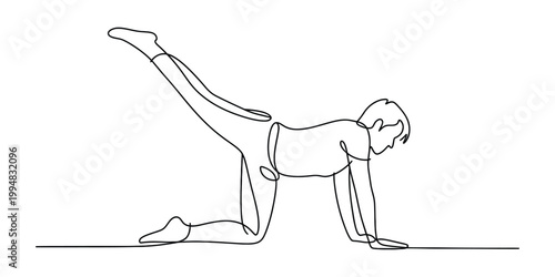 A continuous line drawing of a person performing a donkey kick exercise for fitness and strength
