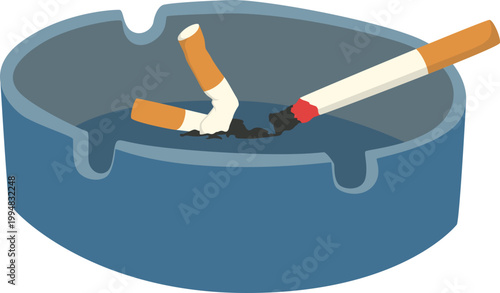 Tobbaco Ciggarette Ashtray Illustration With Cigarette Butts, Smoking Residue Concept, Vector Isolated