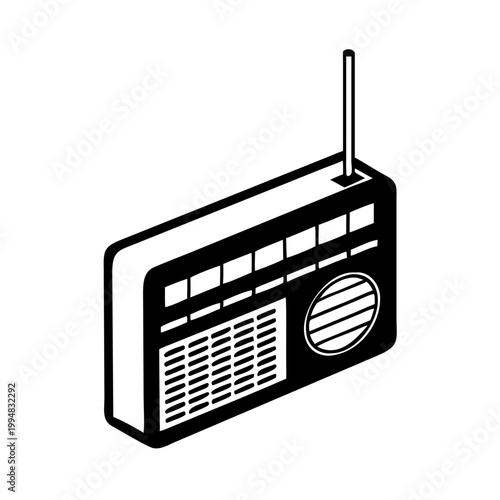 Shortwave radio receiver with antenna and dial display in black and white design. Shortwave radio receiver features small buttons and speaker grille, perfect for communication and broadcasting needs.