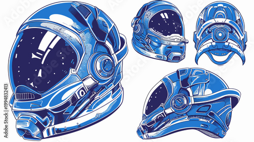 Five blue and white spacesuit helmets illustrated in a sketch style on a white background