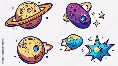 A cartoon-style illustration of four colorful stylized cosmic planets with rings and stars