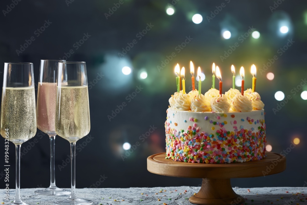 Fototapeta premium Celebration With Sparkling Drinks and Colorful Cake at a Festive Event