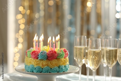 Celebration With Sparkling Drinks and Colorful Cake at a Festive Event