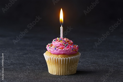 Cupcake With Pink Frosting and a Single Candle on Dark Surface